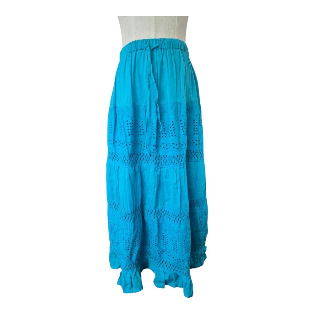 Glamour USA Teal Cotton Eyelet Maxi Skirt Boho Tiered Elastic Waist Women's M